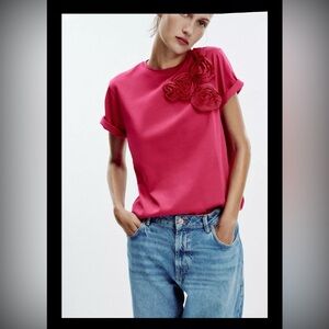 Zara Fuchsia Tonal Floral T-shirt | Short Sleeves | XL | Cotton | NWT